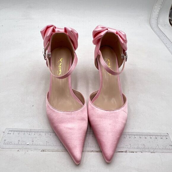 XYD Light Pink Graceful Low Heel D'Orsay Back Bow Ankle Strap Pointed Toe Pumps - Picture 3 of 8